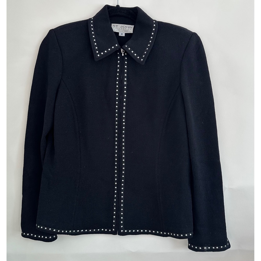 St John Collection Marie Gray Santana Knit Zip Jacket Black Studded Size 10 - Picture 1 of 9